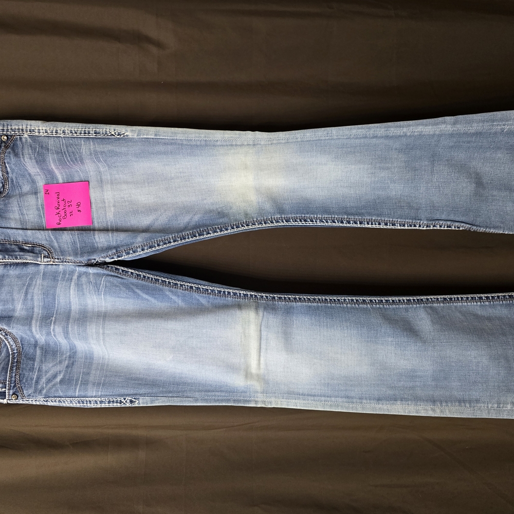 Rock Revival Blue Boot Cut Jeans with Distressed Look